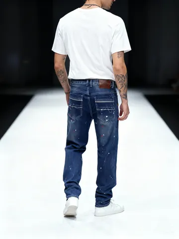 Men Streetwear Distressed Paint Splatter Straight Leg Jeans Fashion Faded Whiskered Dark Blue Denim Pants Casual Hip Hop Trousers