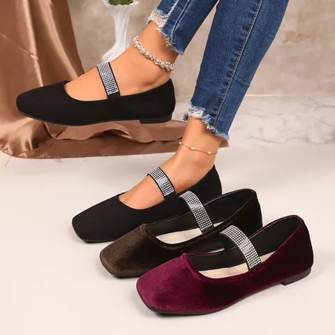 Women's Square Toe Suede Flats Rhinestone Strap Casual Comfortable Low Heel Slip-On Loafers Evening Party Dress Shoes