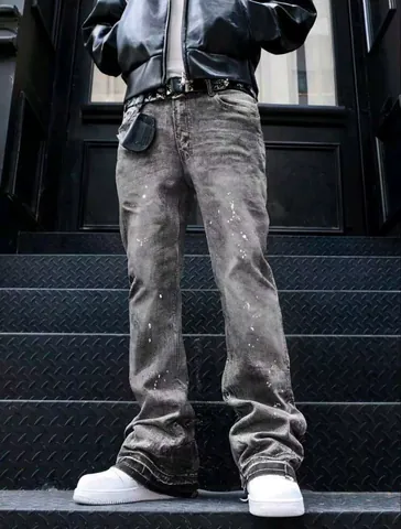 Men's American Vintage Washed Distressed Grey Jeans Loose Curved Leg Bow Leg Ink Splash Streetwear Denim Wide Leg Pants