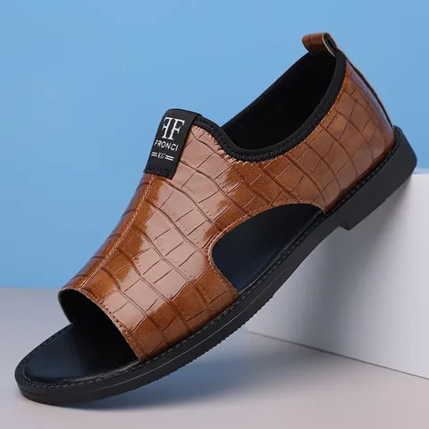 Sandalias Romanas Casuales para Hombre Patrón de Cocodrilo Relieve Cuero PU Transpirable Antideslizante Zapatos de Playa