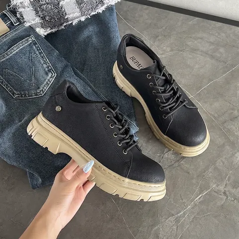 Women British Style Vintage Platform Shoes Cow Split Leather Round Toe Lace Up Fashion Height Increasing Streetwear Shoes