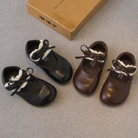 Girls Bow Lace Princess Shoes Soft Sole Leather Mary Janes For Toddlers Little Kids Elegant Sweet Round Toe Single Shoes