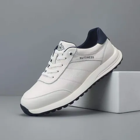 Chaussures de Sport Décontractées pour Hommes en Cuir Véritable Respirantes Semelle Épaisse Sneakers à la Mode Cuir de Vachette de Première Couche