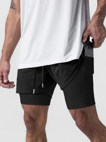 Pantalones Cortos de Correr 2 en 1 para Hombre Secado Rápido Camuflaje Entrenamiento Gimnasio Con Bolsillo para Teléfono