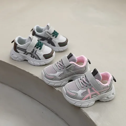 Kids Casual Dad Shoes Breathable Mesh Sneakers For Boys Girls Non-slip Thick Sole Running Shoes With Magic Tape Closure Korean Style Student Athletic Footwear