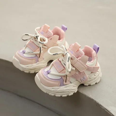 Kids Fashion Dad Shoes Breathable Synthetic Leather Patchwork Sneakers For Boys Girls Non-Slip Hook And Loop Casual Shoes