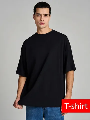 Men Heavyweight Cotton Oversize T-Shirt Printed Drop Shoulder Round Neck Short Sleeve Loose Top Casual Summer Tee