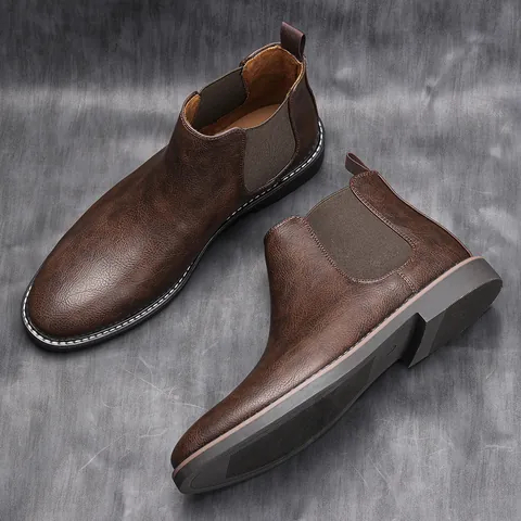 Stivali Chelsea da Uomo in Stile Britannico in Pelle PU Effetto Invecchiato Slip-On Stivaletti Antiscivolo Scarpe Casual Business