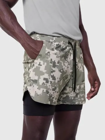 Pantalones Cortos de Correr 2 en 1 para Hombre Secado Rápido Camuflaje Entrenamiento Gimnasio Con Bolsillo para Teléfono