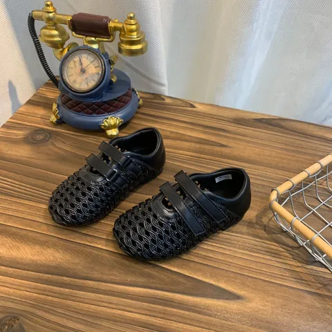 Girls Woven Hollow Mary Jane Sandals Mesh Breathable Hook-and-Loop Flat Single Shoes Summer Spring Kids Casual Footwear