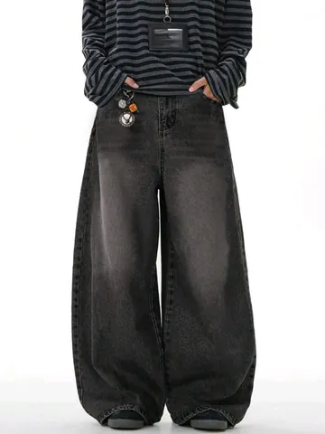 Men Retro American Street Wide Leg Jeans Vintage Washed Black Denim Pants Loose Baggy Fit Streetwear Casual Trousers For Men
