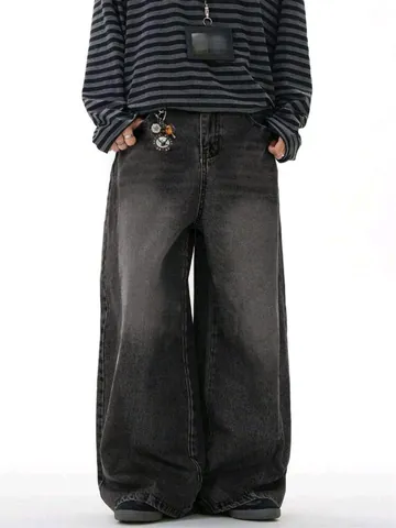 Men Retro American Street Wide Leg Jeans Vintage Washed Black Denim Pants Loose Baggy Fit Streetwear Casual Trousers For Men