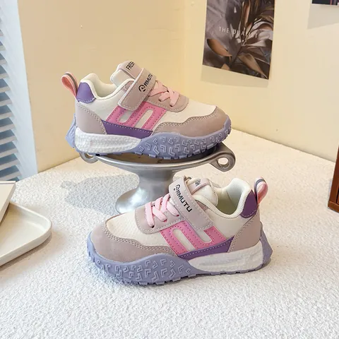 Baskets à la Mode pour Filles Légères Respirantes en Cuir Synthétique Patchwork Chaussures de Sport Avec Fermeture Auto-agrippante pour l'École