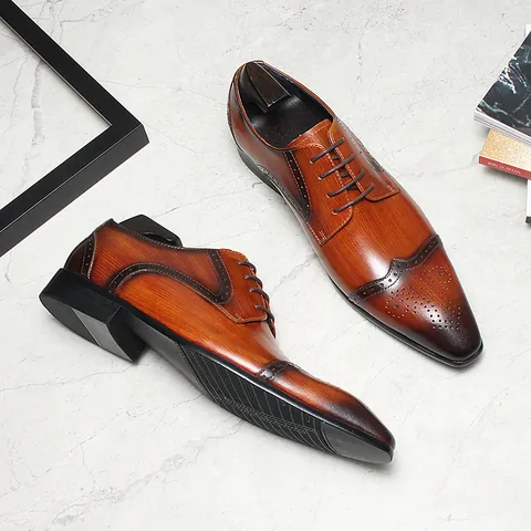 Men's Top Grain Cowhide Derby Shoes Pointed Toe Brogue Detail Lace-up Business Formal Dress Shoes All Seasons