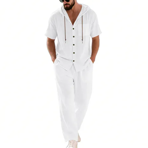 Men's Summer Linen Top And Bottom Casual Loose Short Sleeve Hooded Shirt And Long Pants Breathable Beach Holiday Outfits