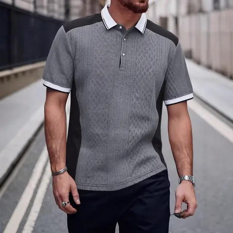 Men Casual Polyester Jacquard Polo Shirt Fashion Contrast Color Block Patchwork Short Sleeve Lapel Top Everyday Summer Streetwear