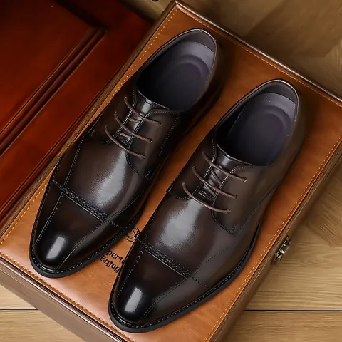 Zapatos de Cuero Formales para Hombre British Brogue Oxford Boda Traje Zapatos Pulidos Piel de Vaca de Primera Capa Cordones