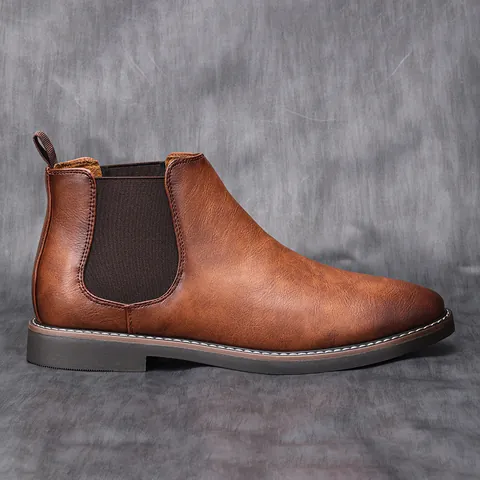 Stivaletti Chelsea da Uomo Vintage Britannico Brunito in Pelle Artificiale Con Elastico Suola in Gomma Antiscivolo Calzature alla Moda