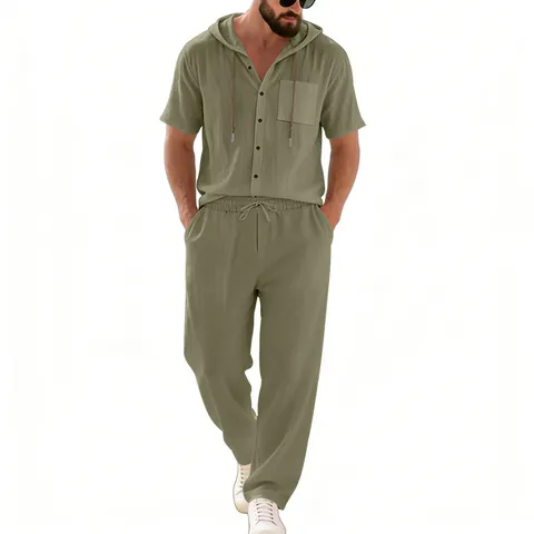 Men's Casual Linen Blend Hooded Short Sleeve Shirt and Long Pants Top And Bottom Set Solid Color Beach Vacation Summer Outfit
