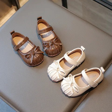 Girls Mary Jane Shoes Bowknot Pleated Toe Toddler Princess Shoes Soft Sole Non-Slip PU Leather Flats For School Wedding Party