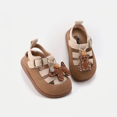 Baby Girls Cartoon Bear Roman Sandals Microfiber Leather Soft Sole Pre-walker Shoes Anti-slip Hook And Loop Toddler Summer Beach Sandals