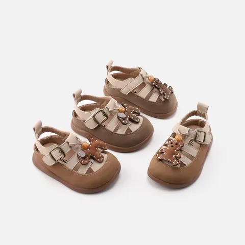 Baby Girls Cartoon Bear Roman Sandals Microfiber Leather Soft Sole Pre-walker Shoes Anti-slip Hook And Loop Toddler Summer Beach Sandals