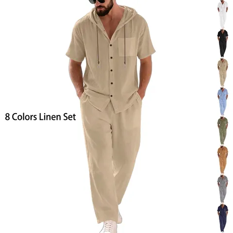 Men's Summer Linen Top And Bottom Casual Loose Short Sleeve Hooded Shirt And Long Pants Breathable Beach Holiday Outfits