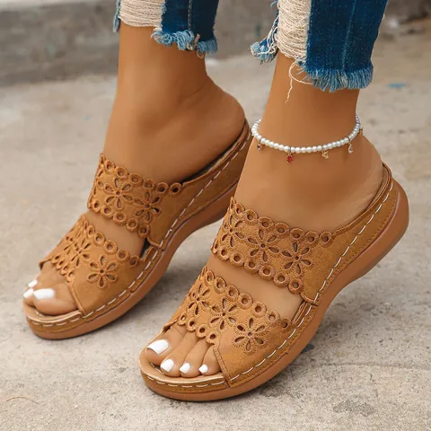 Women Hollow Out Flower Wedge Sandals Double Strap Casual Summer Beach Slides PU Leather Retro Height Increasing Non Slip Shoes