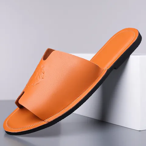 Chanclas de Hombre Modernas con Relieve de Cabeza de León Sandalias de Playa Casuales de Microfibra Suela Blanda Verano Naranja Negro