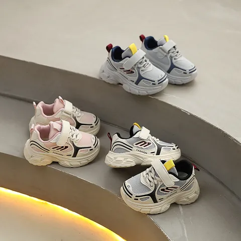 Kids Chunky Sneakers Breathable Mesh Synthetic Leather Soft Sole Non-Slip Hook And Loop Toddler Fashion Casual Sports Dad Shoes For Boys Girls