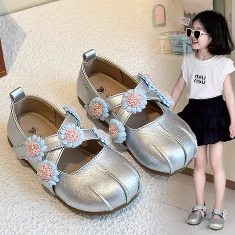 Girls Mary Jane Princess Shoes Spring Autumn Flower Cross Strap Kids Korean Style Flat Leather Shoes For Toddler Little Girls