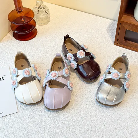 Girls Mary Jane Princess Shoes Spring Autumn Flower Cross Strap Kids Korean Style Flat Leather Shoes For Toddler Little Girls