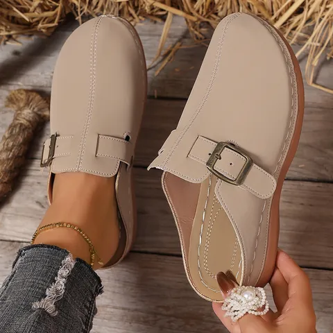 Women Fashion Wedge Mule Sandals Plus Size PU Leather Clog Slippers With Buckle Contrast Stitching Casual Retro Shoes Summer