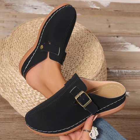 Women Fashion Wedge Mule Sandals Plus Size PU Leather Clog Slippers With Buckle Contrast Stitching Casual Retro Shoes Summer