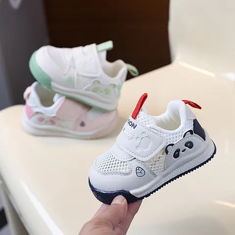 Summer Baby Walking Shoes Hollow Mesh Breathable Cartoon Panda Soft Sole Toddler Sneakers Boys Girls Non-slip White Shoes