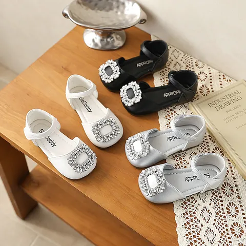 Girls Rhinestone Buckle Mary Jane Shoes Artificial Leather Soft Sole Princess Shoes For Performance Wedding Party Kids Dress Shoes
