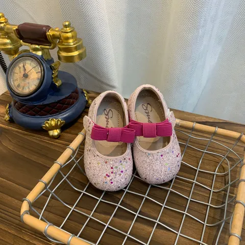 Girls Rhinestone Princess Shoes Pink Glitter Bow Wedding Party Dress Shoes Toddler Kids Sweet Round Toe Flat Pumps