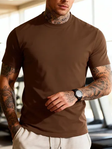 Men Round Neck T-Shirt Slim Fit Solid Color Breathable Quick Dry Sport Fitness Undershirt Casual Short Sleeve Top