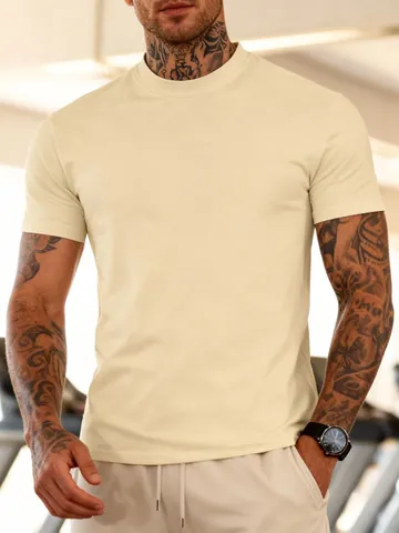 Men Round Neck T-Shirt Slim Fit Solid Color Breathable Quick Dry Sport Fitness Undershirt Casual Short Sleeve Top