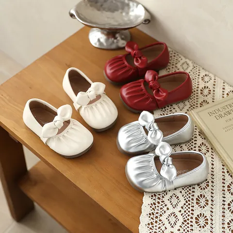 Douces Chaussures Mary Jane pour Filles avec Nœud Plissé Chaussures Plates pour Tout-petits Semelle Souple Antidérapante Chaussures de Princesse Décontractées