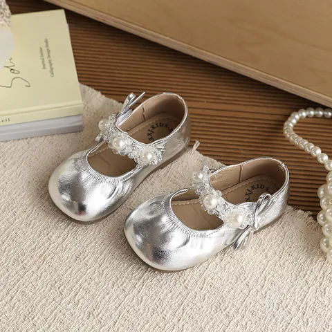 Girls Korean Princess Pearl Shoes Spring Autumn New Ruffled Soft Sole Toddler Mary Jane Loafers For Kids Party Shoes