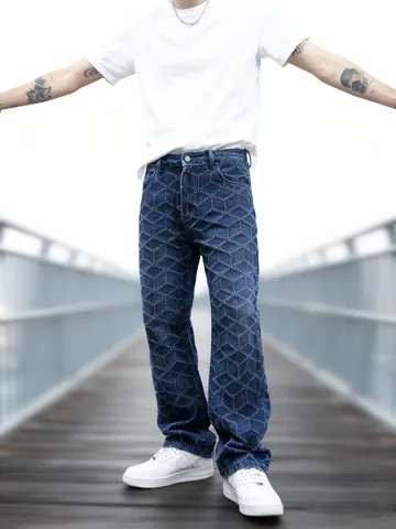 Jeans en Denim Homme Streetwear Géométrique 3D Losanges Taille Moyenne Jambe Droite Jambe Large Bord Effiloché Pantalon Mode Lavé