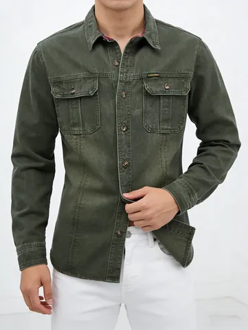 Men's Casual Long Sleeve Cotton Cargo Shirt Loose Fit Solid Color Workwear Top With Double Chest Pockets Dark Green