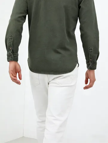 Men's Casual Long Sleeve Cotton Cargo Shirt Loose Fit Solid Color Workwear Top With Double Chest Pockets Dark Green