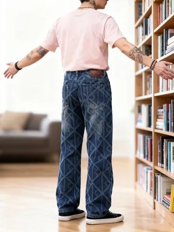 Jeans Jacquard da Uomo in Cotone Blu Gamba Dritta Streetwear Retro a Rombi con Frange Pantaloni Denim Casual Moda Giovane
