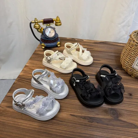Girls Bowknot Platform Sandals Soft Sole Non-Slip Princess Style Pearl Decoration Kids Summer Outdoor Beach Shoes Fashion Footwear