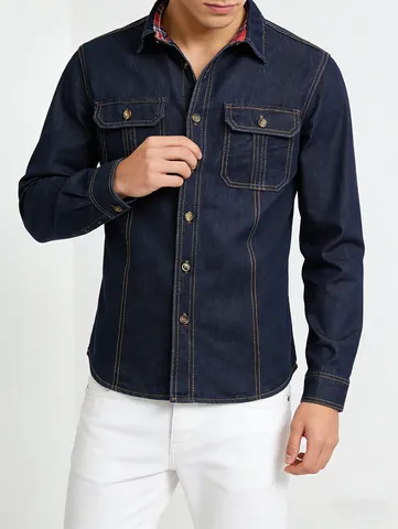 Camicia di Jeans da Uomo Casual a Maniche Lunghe Cuciture a Contrasto Cotone Top Workwear Blu Scuro con Bottoni Tasca Outwear