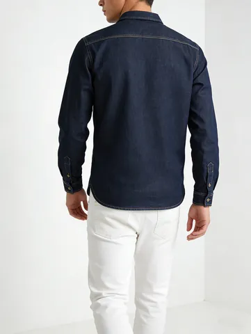 Camicia di Jeans da Uomo Casual a Maniche Lunghe Cuciture a Contrasto Cotone Top Workwear Blu Scuro con Bottoni Tasca Outwear