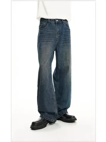 Men's American Retro Washed Distressed Straight Leg Jeans Loose Fit Casual Denim Pants For Men