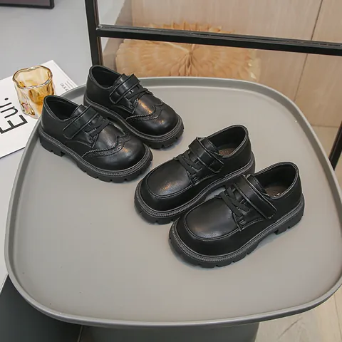 Kids British Style Black PU Leather Shoes Performance School Uniform Flat Shoes For Boys And Girls Hook And Loop Loafers